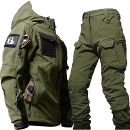 Military Fleece Sets Men Winter Shark Skin Soft Shell Tactical Jacket+Outdoor Multi-pocket Cargo Pant Army Waterproof Combat Set
