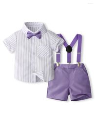 Clothing Sets Summer Boys Clothes Set Gentle Outfits Short Sleeve Striped T-shirt With Bow Purple Shorts Suspender Kids