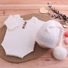 Ylsteed 2 Pieces Set Newborn Photo Shooting Clothes Knitting Baby Boy Jumpsuit with Pompom Hat Infant Photography Props