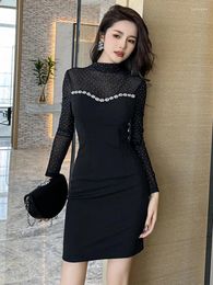 Casual Dresses French Sexy Prom Dress For Women Fashion Black Sheer Mesh Bright Rhinestone Tight Bodycon Short Gown Female Party Club