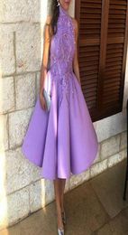 Light Purple High Neck Homecoming Dresses 2022 Sleeveless Lace Satin TeaLength Short Party Prom Gown Appliques Custom Mdae6074844