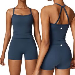 Lu Lemens Womens Outfit Conjuntos de Yoga Calças Colete Excerise Esporte Ginásio Correndo Trainer Shorts Casuais Elástico Cintura Alta Sportwear