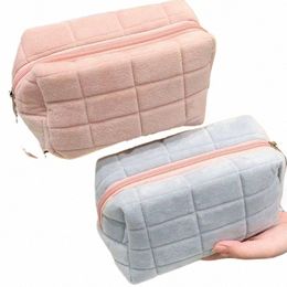 cute Square Grid Soft Fur Makeup Bag Women Portable Travel Cosmetic Bags Cute Mini Zipper Toiletry Bag Wing Pouch Pen Pouch F0zQ#