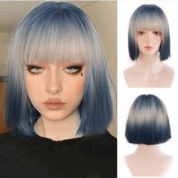 Wigs HOUYAN synthetic short wave bob straight hair wig bangs female golden blue cosplay Lolita wig heatresistant wig