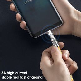 6A 120W RGB Gradient Lighting Charging Cable 180° Rotatable Micro USB Type C Charger Data Cord For Samung Huawei Xiaomi OPPO