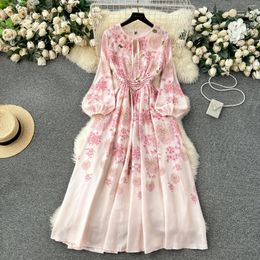 Casual Dresses Sexy Chic Print Elegant Puff Sleeve O Neck Lace Up Dress A-line High Waist Beach Vacation Party Women Autumn Spring Vestidos