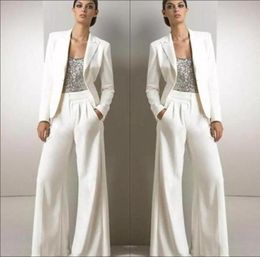 White Long Sleeves Sequined Formal Party Mother of the Bride Pant Suits With Jacket Three Pieces Mother of Groom Pant Suit BA92052239828