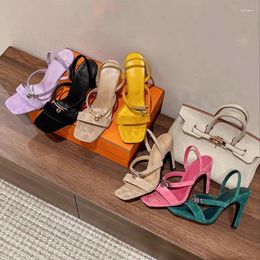 Sandals 2024 Summer One Belt/Metal Button Genuine Leather High Heel Sexy Square Headed Open Toe Suede Thick Banquet Shoes