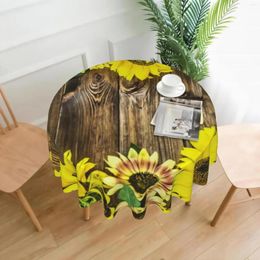 Table Cloth Wooden Sunflowers Round 60 Inch Cloths Cover Polyester Tablecloth Washable For Decor