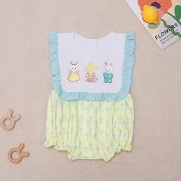 Easter Boutique Short Sleeve T-shirt Round Neck Rabbit Embroidery Girl Yellow Romper Boy Blue Top Clothes And Cross Patter Pants