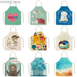 Aprons Cute cartoon animal creative printed kitchen apron linen female apron family clean kitchen oil anti -pollution apron delantal Y240401