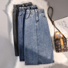 Plus Size 4xl 5xl Solid Button Pockets Denim Skirt Summer Casual Vintage Slim Elegant Skirts Spring Korean Fashion Long Faldas 240327