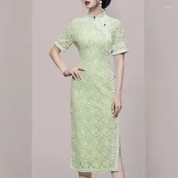 Party Dresses 2024 Summer Vintage Dress Women's Stand Collar Lace Nail Bead Short-Sleeved Cheongsam Vestidos