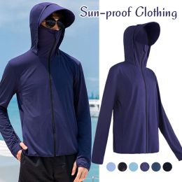 Summer Sunscreen Hoodie Tops Tees Outdoor Face-covering Fishing Hooded Thin Ice Silk Breathable UPF 50+ Men's UV Sun Protection