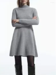 Casual Dresses Women's Knitted Dress 2024 Spring Wool Half Turtleneck Slim Long Sleeve Mini Robe