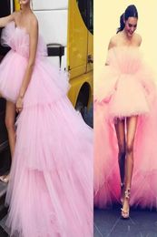 Cheap New Design Sexy Pink Prom Dresses Strapless Full Tulle Tiered Ruffles Sexy Open Back High Low Length Evening Dress Wear Part2411036