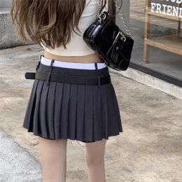 HOUZHOU Belt Pleated Mini Skirt Women Korean Style Preppy Summer Patchwork High Waist Casual A-line Skirt Shorts Streetwear