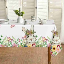 Table Cloth Easter Waterproof Rectangle Tablecloth Spring Flower Bunny Table Cover for Party Picnic Dinner Decor Easter Decoration 2024 Y240401