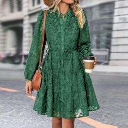 Casual Dresses Women Dress Lace Applique A-line Loose Hem Long Sleeve Lace-up Strap Tight Waist Single-breasted Soft Elegant Midi