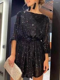 Casual Dresses Shining Sequin Ruched Bodycon Dress Women Glitter Elegant Evening Party Fashion Vintage Lace Up Wrap Hip Club Mini