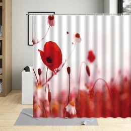 Shower Curtains Retro Floral Red Poppies Curtain Beautiful Bathroom Wall Decoration Polyester Waterproof With Hooks Washable Fabric