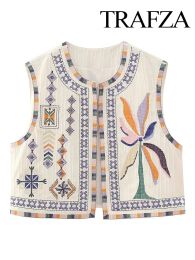 Trafza 2023 Kobiety Kwiat haftowany kamizelka Top Summer Casual Vintage Y2K Cardigan kamizelka Kobieta Chic Echo