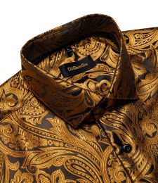 Gold Paisley Silk Shirts for Men Long Sleeve Luxury Brand Tuxedo Wedding Party Men Clothing DiBanGu