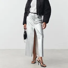 Skirts 2024 Autumn Silver Slim Bag Hip Skirt Slit PU Leather Female Elegant Sexy Commuter Women's Wear Vestidos