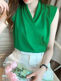 Women's Blouses Elegant Sleeveless White Satin Blouse A Classic Office Shirt For Women With Black And Fashion Style Long Sleeved