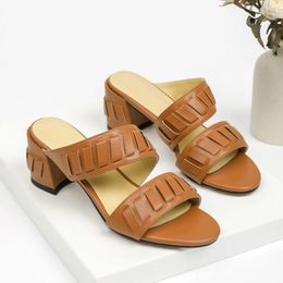 Sandals Doris Fanny Genuine Leather Vintage Block Heels Slip On Shallow Open Toe Summer Comfort Casual Women Slide