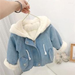 Jackets 2024 Winter Jacket For Girls Boy Children's Denim Warm Fur Cowboy Coat Baby Ear Hooded Velvet Outerwear