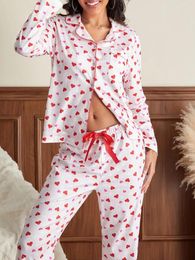 Home Clothing Spring Summer Heart Print Pajama Sets Women's Loungewear Outfit Long Sleeve Button Closure Tops With Pants 2Pieces Sleepwear