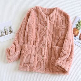 Autumn and Winter 2024 New Women's Pyjamas Top Flannel Plush Thickened Thermal Coral Velvet Cute Long Sleeve Home Clothes Ladies