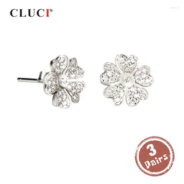 Stud Earrings CLUCI 3 Pair 925 Sterling Silver Jewelry Women Pearl Earring Mounting Flower SE046SB
