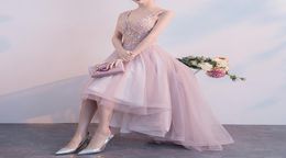 Sweet VNeck ALine Pink Prom Dresses Delicate Lace Appliques High Low Evening Dress Lace Up Back Petite Formal Gowns for Engageme2115474