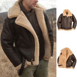 Men's Faux Leather Classic Brown Black Bomber Jacket Winter Shearling Sheepskin Coat Large Size Male Fleece Warm Outerwear