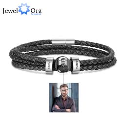 Personalise Men Leather Charm Bracelet with Beads 2 3 4 5 6 Names Photo Bangle Stackable Jewellery Gift for Father Dad Grandpa Son