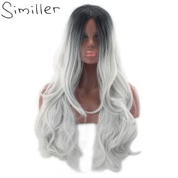 Wigs Similler Women's Ombre Synthetic Wigs Long Curly Heat Resistant Hair Black To Grey Central Part