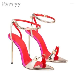 Dress Shoes Fashion Women's Sandals Pointed Toe One Button Metal Heel Sex Super High Ankle Strap Female Party Sandal