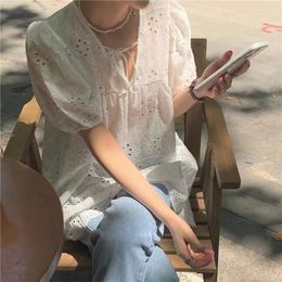 Women's Blouses Lace Hollow V-neck White Blouse For Versatile Bubble Sleeves Loose Up Transparent Shirt Summer Tops