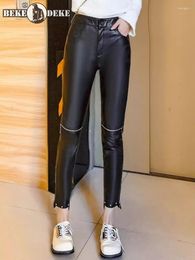 Women's Pants Women Slim Fit Sheepskin Genuine Leather Pencil Ankle Length Trousers Casual Streetwear Zipper Hollow Out Skinny