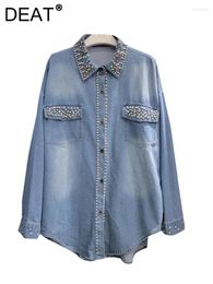 Women's Blouses Women Denim Shirt Loose Embroidered Flares Diamonds Lapel Thin Single Breasted Blouse 2024 Spring Fashion 29L7063