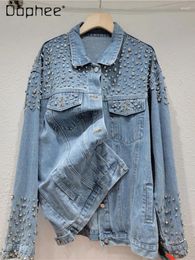 Women's Jackets Lapel Exquisite Rhinestone Single-Breasted Long Sleeve Coats 2024 Spring Summer Retro Washed Cotton Denim Jacket Women