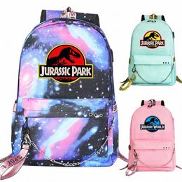 new Cute Boys Girls Kids School Bag Dinosaur Jurassic Park Prints Women USB Chain Backpack Canvas Men Bagpack Packsack Bookbag D19Y#