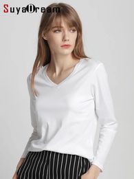 SuyaDream Women Solid T Shirts Silk Cotton Blend Plain O neck Long Sleeved Tee Spring Autumn Basic Top White Black 240329