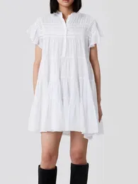 Party Dresses Cotton Women Ruffles Mini Dress White Or Black Stand Collar Short Sleeve 2024 Summer Lady Loose Pleated Robe With Buttons