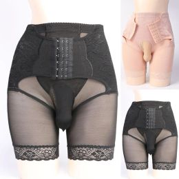 Sexy Men Sissy Panties Body Shaper Control Panties Button-up High Waist Butt Lifter Shapewear Lace Transparent Bottom Wear