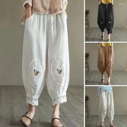 Women's Pants Women Harem Elastic Waist Pocket Lace Patchwork Flower Embroidery Plus Size Mid-calf Length Ninth Female Clothes