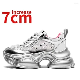 Casual Shoes Black/Silver Dad's For Women's Increased 7cm Hand Sewn Breathable Sports Comfortabl Fashionable Elevator Shoe
