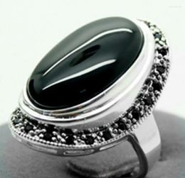 Cluster Rings Fashion Jewelry Pretty 17X30mm Black Agates Inlay Marcasite 925 Sterling Silver Ring 7/8/9/10